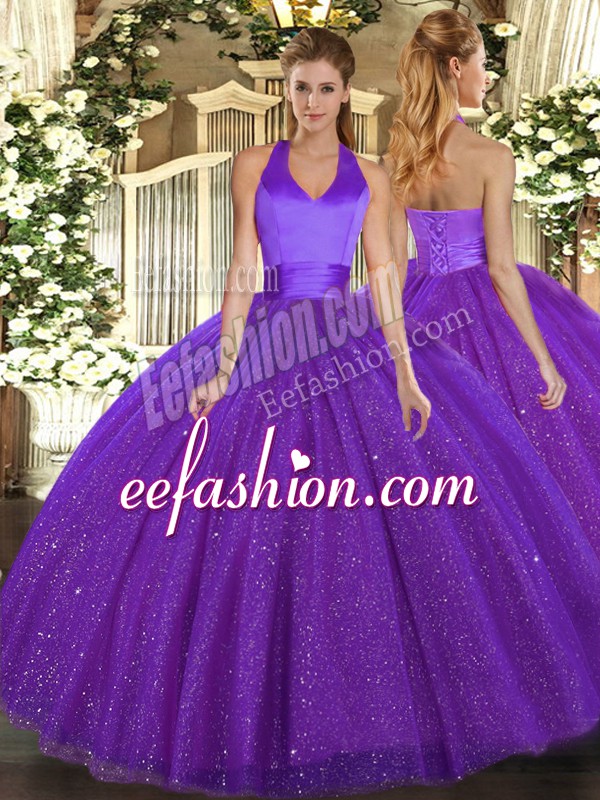 Cute Halter Top Sleeveless Quince Ball Gowns Floor Length Sequins Purple Tulle