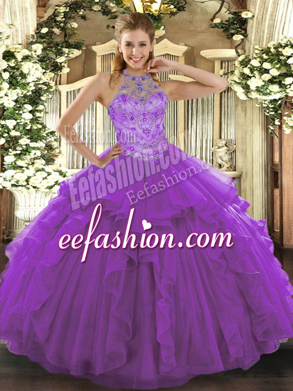 Dazzling Organza Halter Top Sleeveless Lace Up Beading and Embroidery Vestidos de Quinceanera in Purple