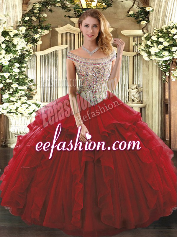 Free and Easy Wine Red Ball Gowns Beading and Ruffles Quinceanera Dress Lace Up Tulle Sleeveless Floor Length