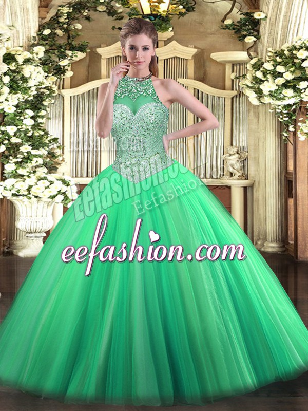  Green Sweet 16 Dresses Military Ball and Sweet 16 and Quinceanera with Beading Halter Top Sleeveless Lace Up