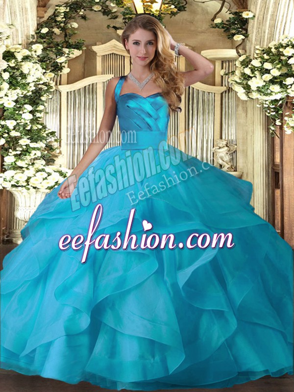  Baby Blue Sleeveless Tulle Lace Up Ball Gown Prom Dress for Military Ball and Sweet 16 and Quinceanera