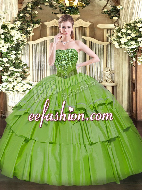 Luxury Strapless Sleeveless Ball Gown Prom Dress Floor Length Beading and Ruffled Layers Organza and Taffeta