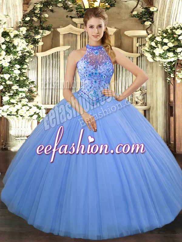 Designer Tulle Halter Top Sleeveless Lace Up Beading and Embroidery Quinceanera Dresses in Baby Blue