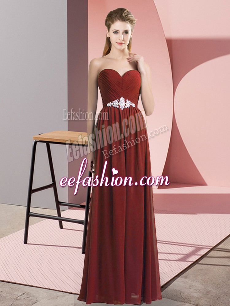 Sweet Sleeveless Chiffon Floor Length Lace Up Prom Evening Gown in Rust Red with Beading