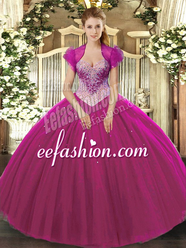 Stylish Fuchsia Ball Gowns Sweetheart Sleeveless Tulle Floor Length Lace Up Beading Sweet 16 Dresses