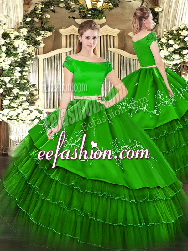  Green Two Pieces Organza and Taffeta Off The Shoulder Short Sleeves Embroidery and Ruffled Layers Floor Length Zipper Quinceanera Gowns