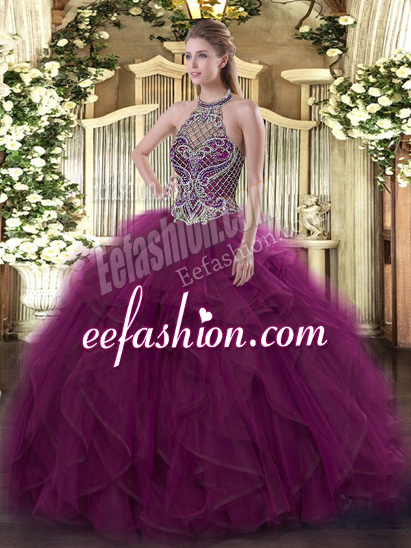 Extravagant Fuchsia Organza Lace Up Ball Gown Prom Dress Sleeveless Floor Length Beading