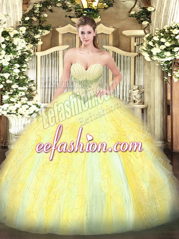  Gold Lace Up Sweetheart Beading and Ruffles Vestidos de Quinceanera Tulle Sleeveless