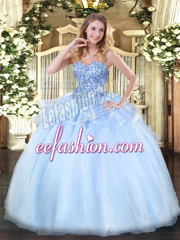 Floor Length Lace Up Quinceanera Dress Light Blue for Sweet 16 and Quinceanera with Appliques