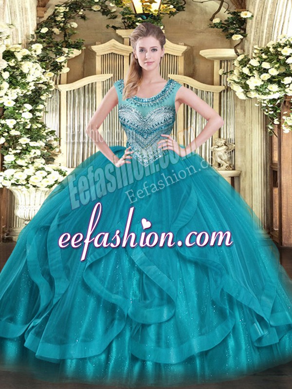 Decent Teal Tulle Lace Up Scoop Sleeveless Floor Length 15th Birthday Dress Beading and Ruffles