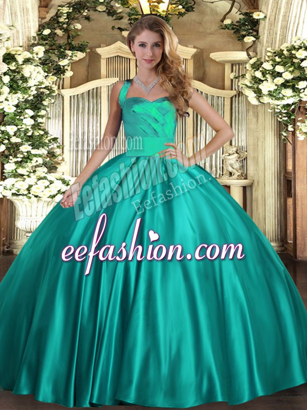 Luxury Halter Top Sleeveless Lace Up 15th Birthday Dress Turquoise Satin