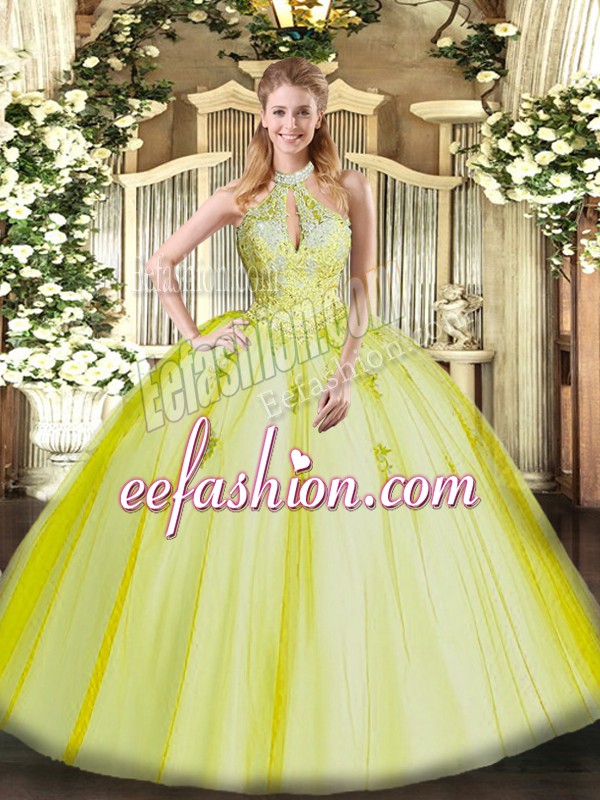  Tulle Halter Top Sleeveless Lace Up Appliques Quinceanera Dress in Yellow Green