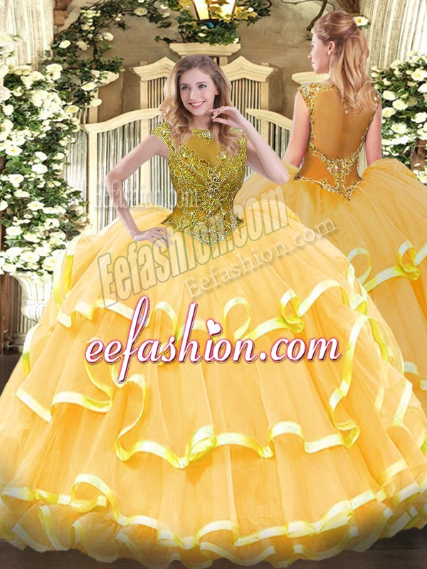  Scoop Cap Sleeves Organza Quinceanera Gowns Beading and Ruffled Layers Zipper