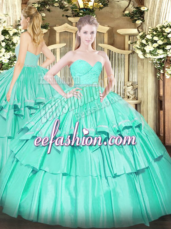 Trendy Beading and Lace and Ruffled Layers Quinceanera Dress Turquoise Zipper Sleeveless Floor Length