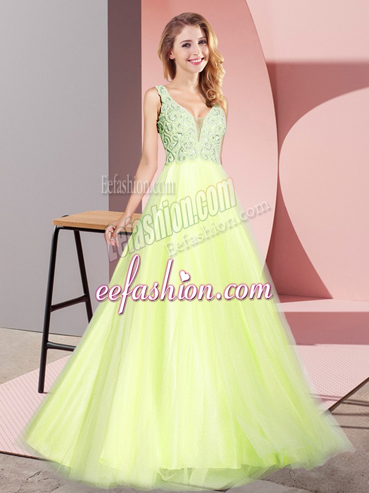 Free and Easy V-neck Sleeveless Tulle Evening Dress Lace Zipper