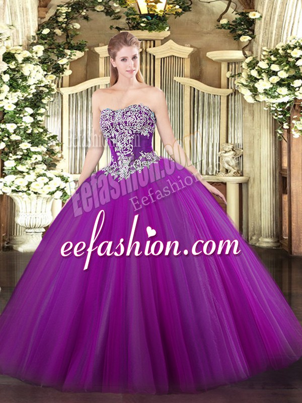 New Style Purple Lace Up Strapless Beading 15 Quinceanera Dress Tulle Sleeveless