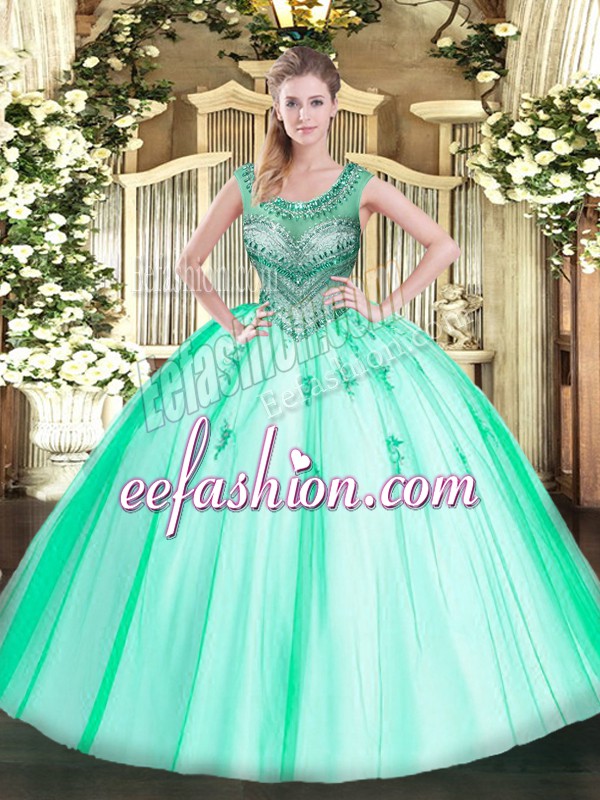 High Quality Apple Green Ball Gowns Beading Ball Gown Prom Dress Lace Up Tulle Sleeveless Floor Length