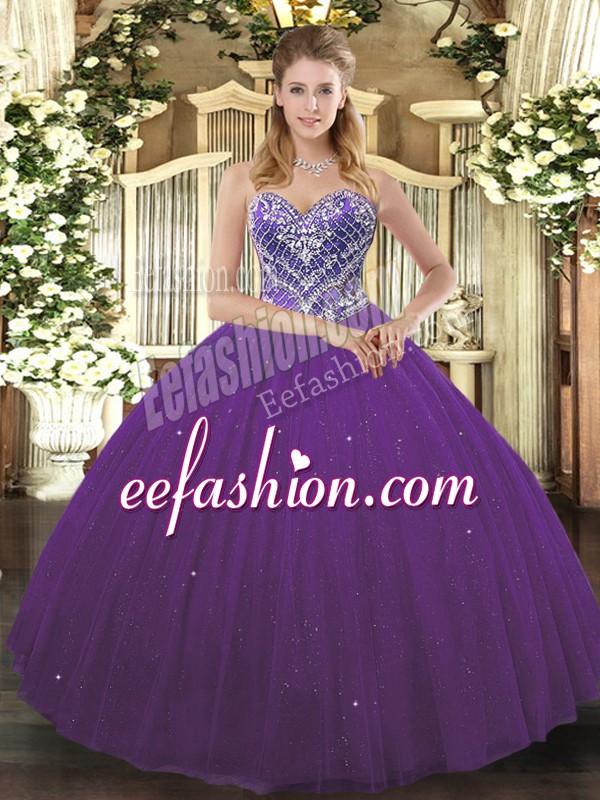  Purple Ball Gowns Tulle Sweetheart Sleeveless Beading Floor Length Lace Up Quinceanera Dresses