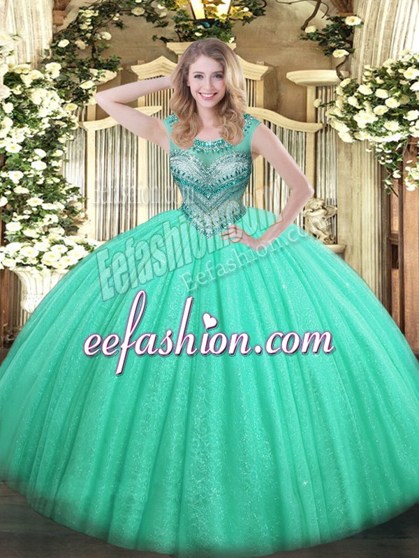  Floor Length Turquoise Quinceanera Dress Tulle and Sequined Sleeveless Beading