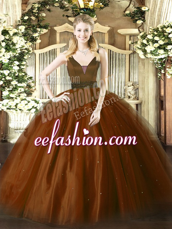  Straps Sleeveless Zipper Quinceanera Gown Brown Tulle