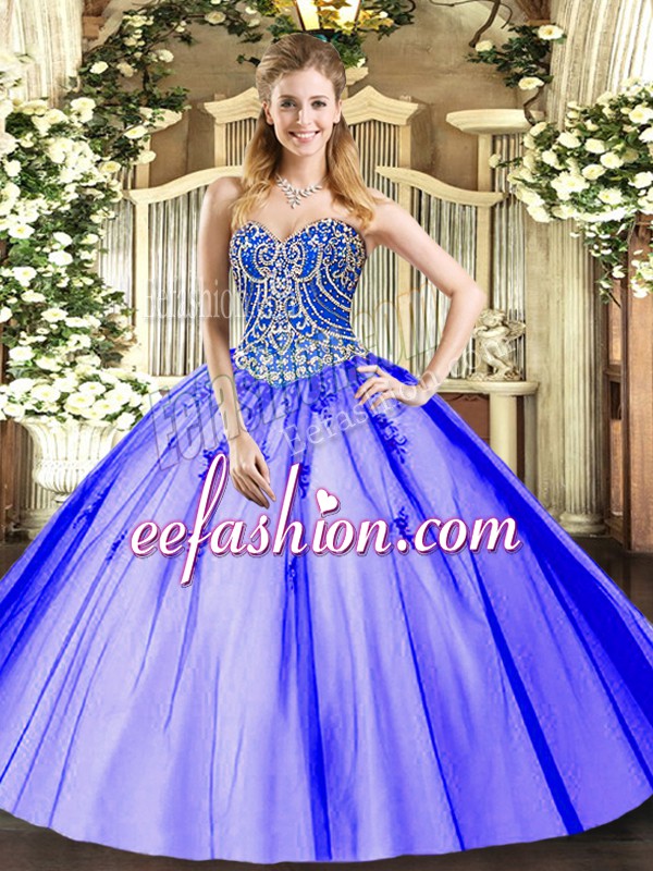 Smart Lavender Ball Gowns Tulle Sweetheart Sleeveless Beading and Appliques Floor Length Lace Up Quinceanera Dresses