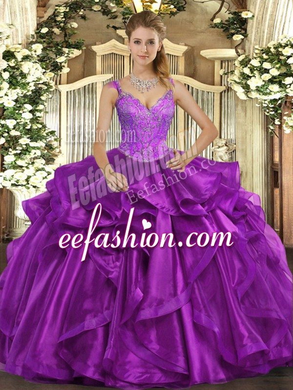 Elegant Straps Sleeveless Lace Up Quinceanera Dresses Purple Organza
