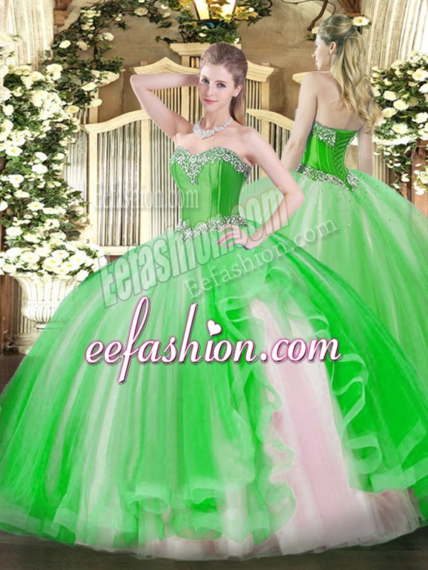  Green Lace Up Quinceanera Gowns Beading and Ruffles Sleeveless Floor Length
