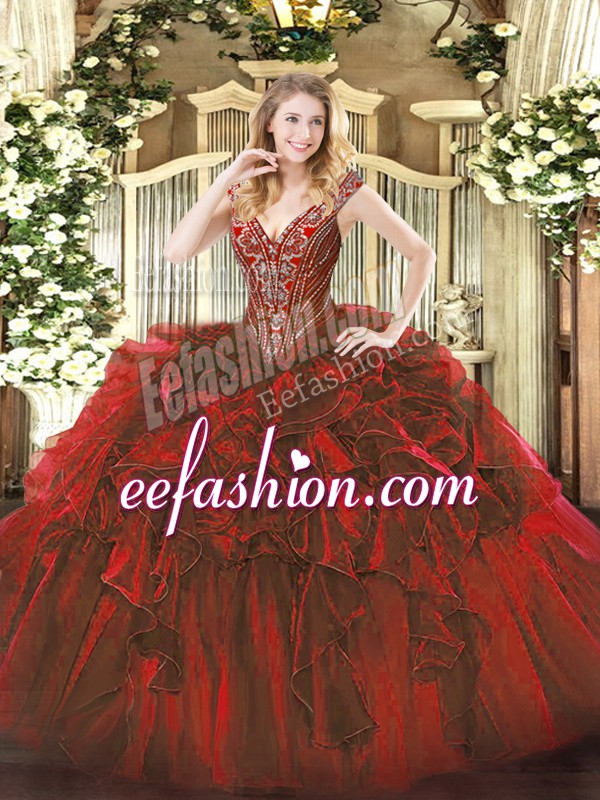  V-neck Sleeveless Quinceanera Dresses Floor Length Beading and Ruffles Wine Red Organza