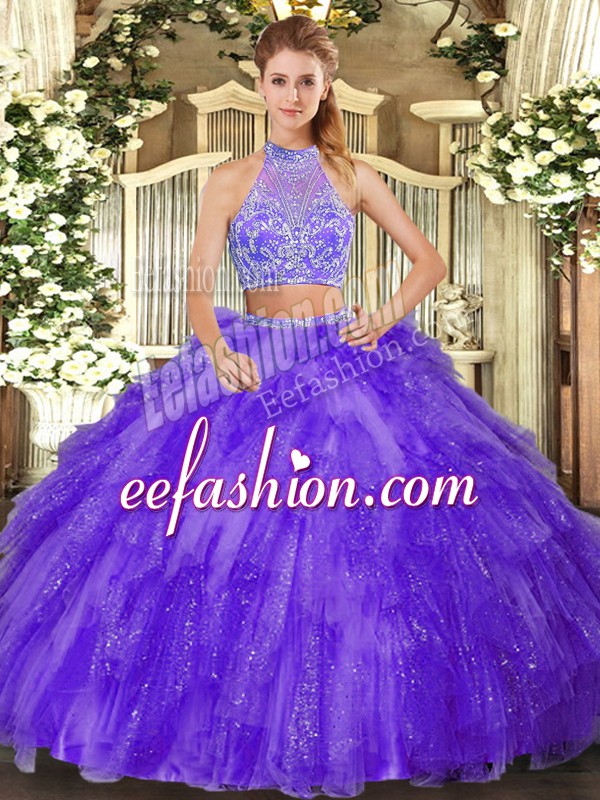  Purple Two Pieces Tulle Halter Top Sleeveless Beading and Ruffles Floor Length Criss Cross Sweet 16 Dress
