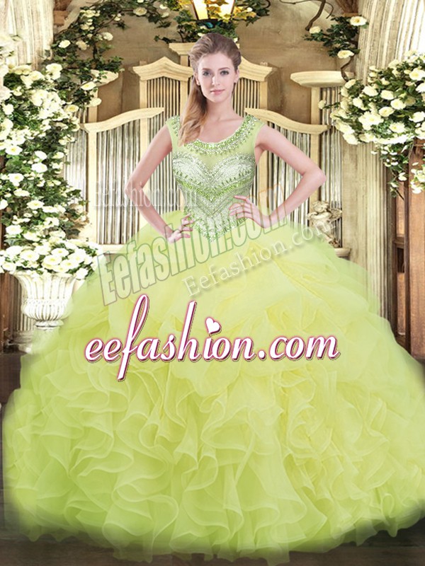 Luxurious Yellow Green Ball Gowns Beading and Ruffles and Pick Ups Quince Ball Gowns Lace Up Organza Sleeveless Floor Length