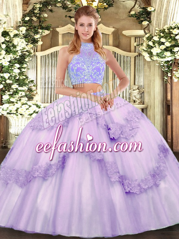Delicate Floor Length Lace Up Sweet 16 Dresses Lavender for Military Ball and Sweet 16 and Quinceanera with Beading and Appliques and Ruffles