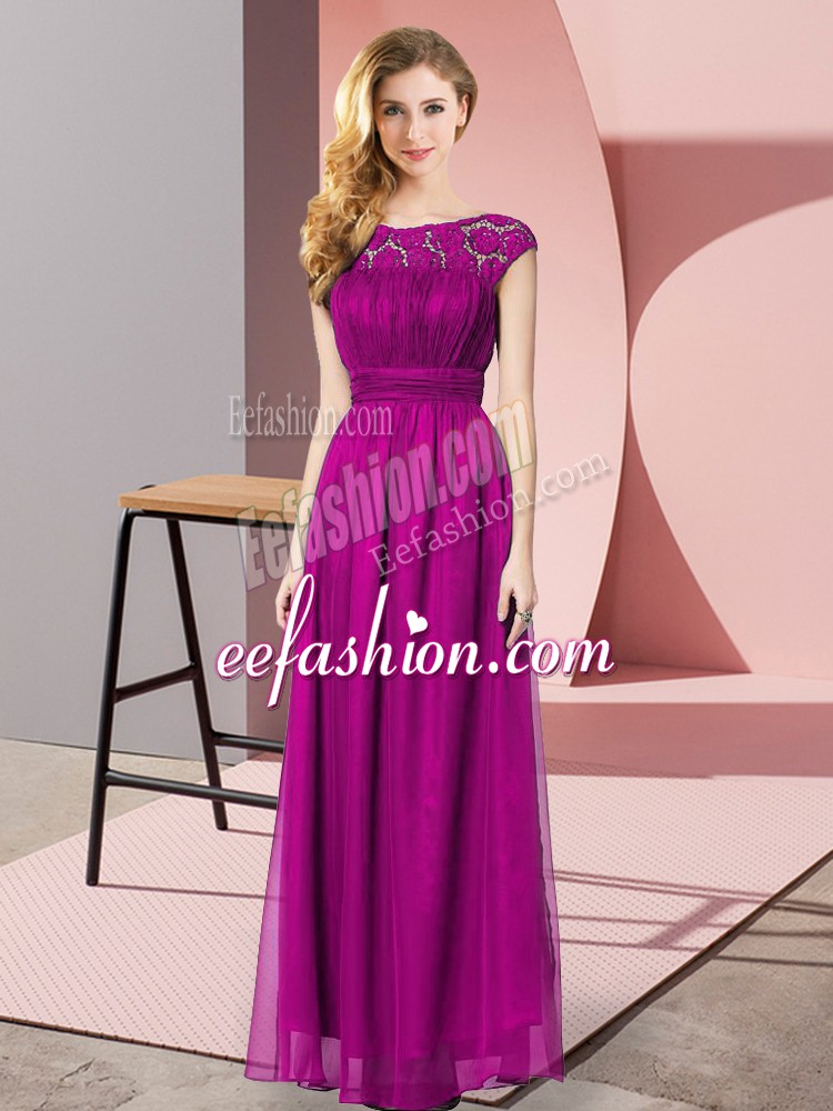  Floor Length Zipper Evening Dress Fuchsia for Prom and Party with Lace