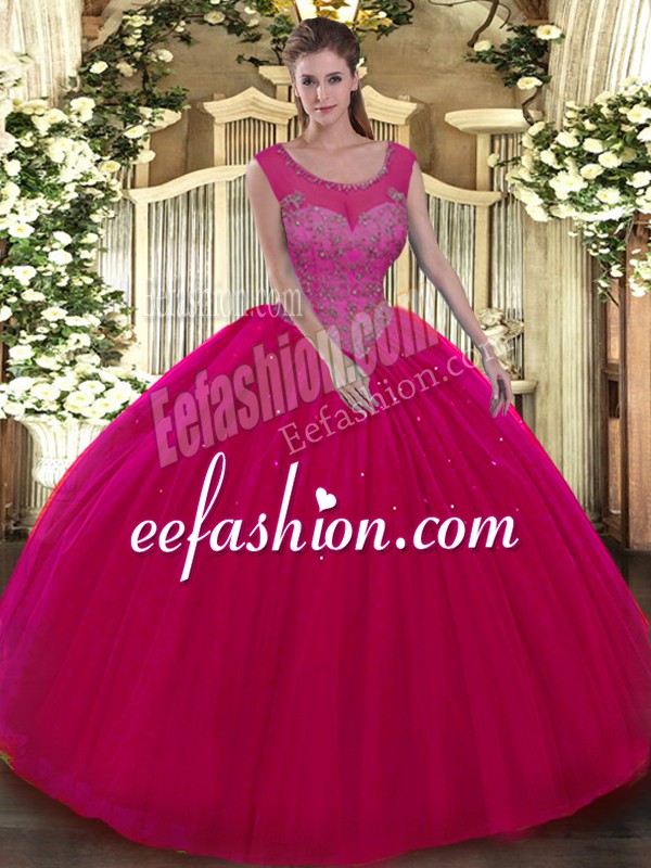  Hot Pink Tulle Backless Scoop Sleeveless Floor Length Ball Gown Prom Dress Beading