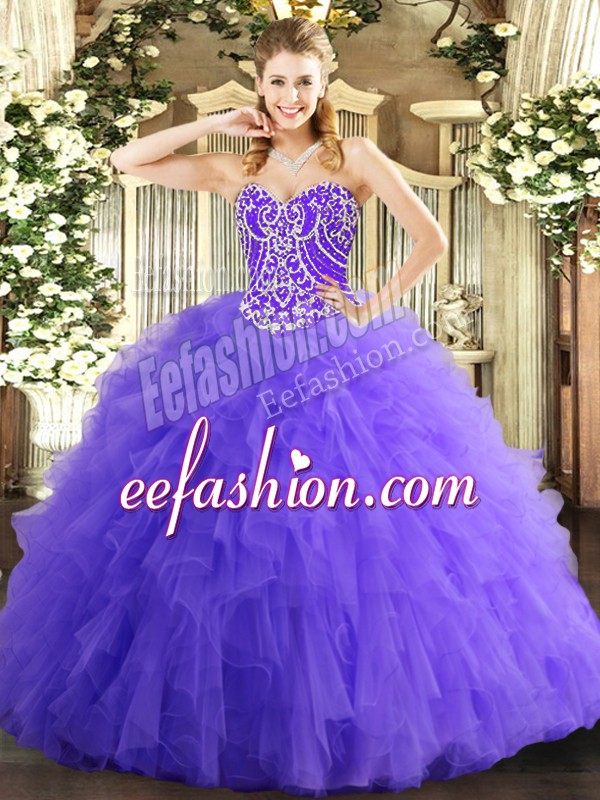 Free and Easy Tulle Sweetheart Sleeveless Lace Up Beading and Ruffles Ball Gown Prom Dress in Lavender