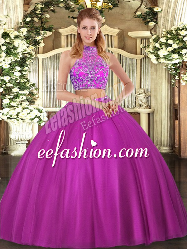 Fashion Floor Length Two Pieces Sleeveless Fuchsia Quinceanera Gowns Criss Cross