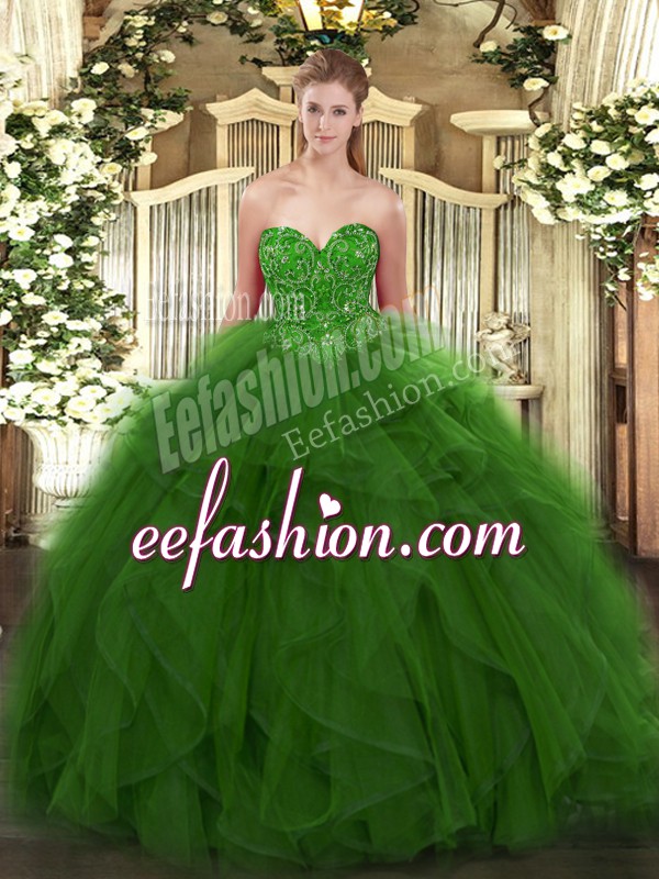 Fancy Green Ball Gowns Tulle Sweetheart Sleeveless Beading Floor Length Lace Up Ball Gown Prom Dress