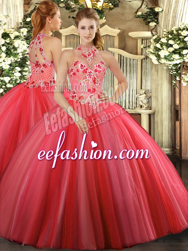  Sleeveless Lace Up Floor Length Embroidery Ball Gown Prom Dress