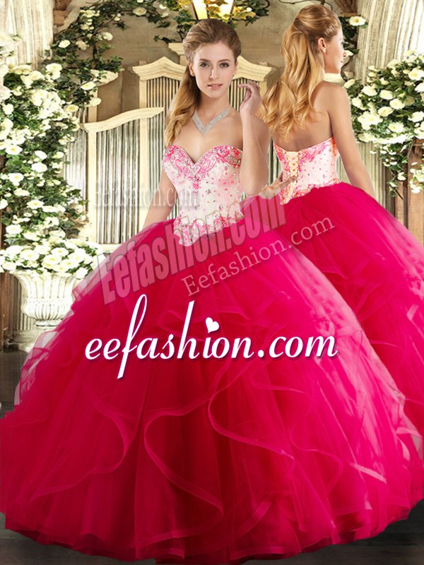 New Style Hot Pink Ball Gown Prom Dress Military Ball and Sweet 16 and Quinceanera with Beading and Ruffles Sweetheart Sleeveless Lace Up