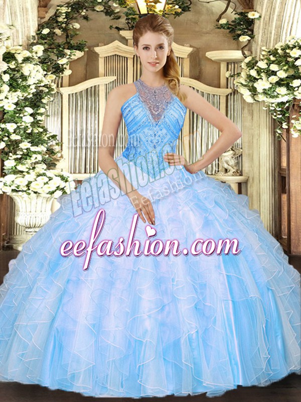 Flirting Baby Blue Lace Up High-neck Beading and Ruffles Quinceanera Dresses Organza Sleeveless