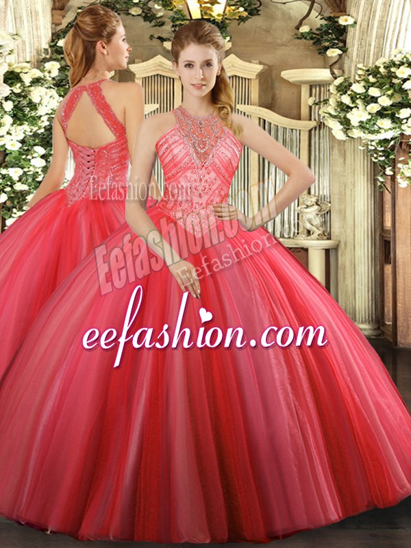  Tulle High-neck Sleeveless Lace Up Beading Quinceanera Dresses in Coral Red