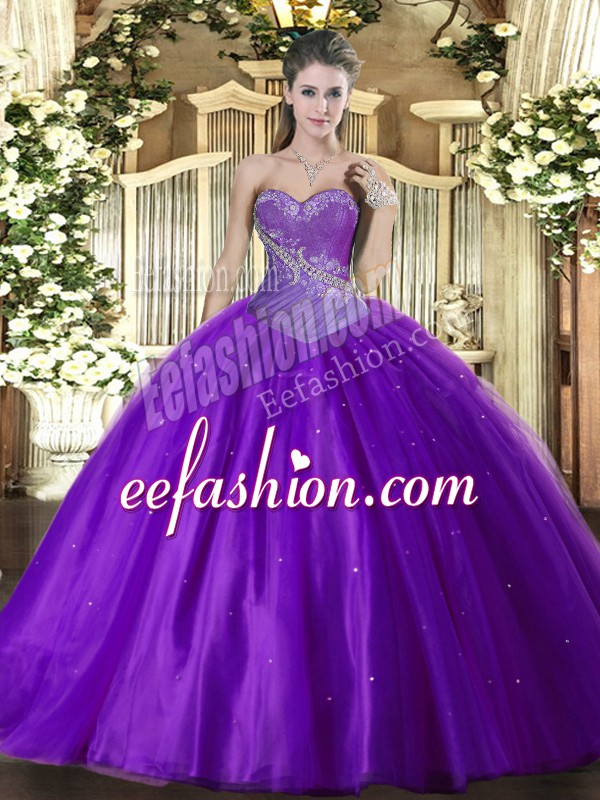 Dramatic Eggplant Purple Ball Gowns Sweetheart Sleeveless Tulle Floor Length Lace Up Beading 15 Quinceanera Dress