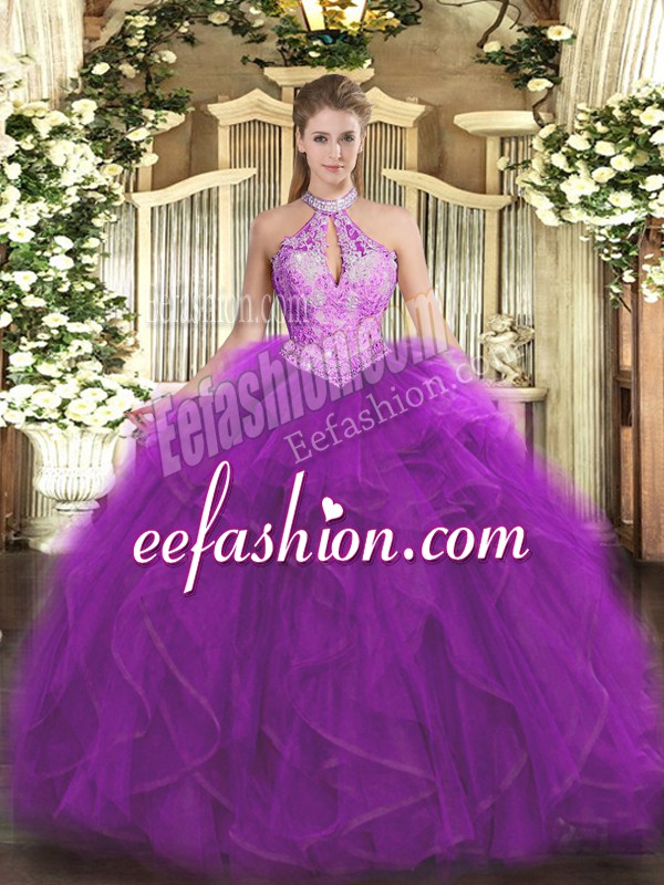 Classical Floor Length Purple Sweet 16 Dresses Organza Sleeveless Ruffles and Sequins