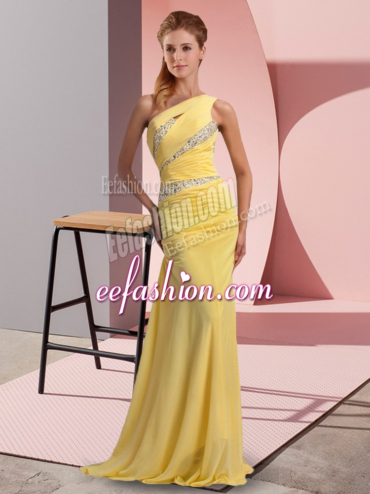  Yellow Sleeveless Chiffon Sweep Train Lace Up Evening Dress for Prom and Party