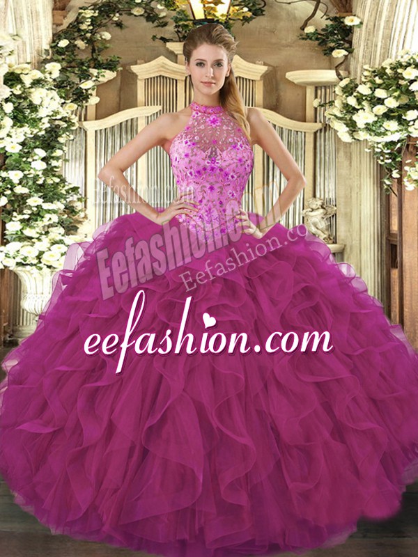 Affordable Floor Length Lace Up Quinceanera Dresses Fuchsia for Sweet 16 and Quinceanera with Beading and Embroidery and Ruffles