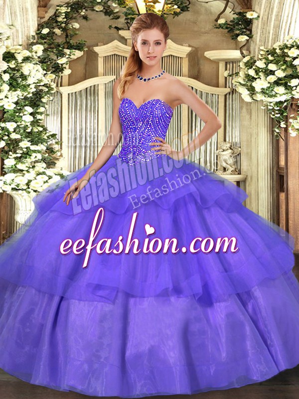 Eye-catching Floor Length Lavender Quinceanera Gown Tulle Sleeveless Beading and Ruffled Layers