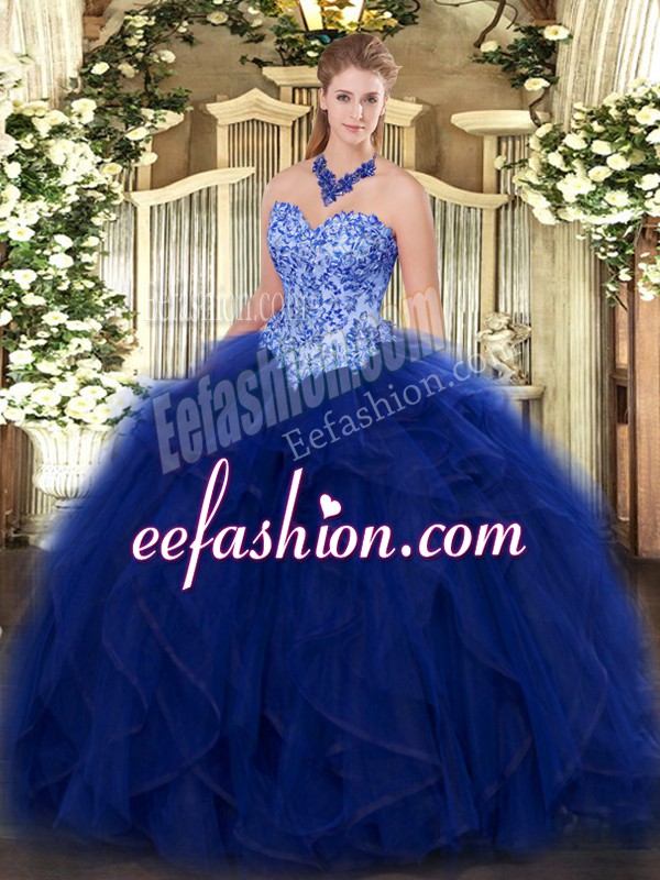  Blue Organza Lace Up Sweetheart Sleeveless Floor Length Sweet 16 Quinceanera Dress Appliques and Ruffles