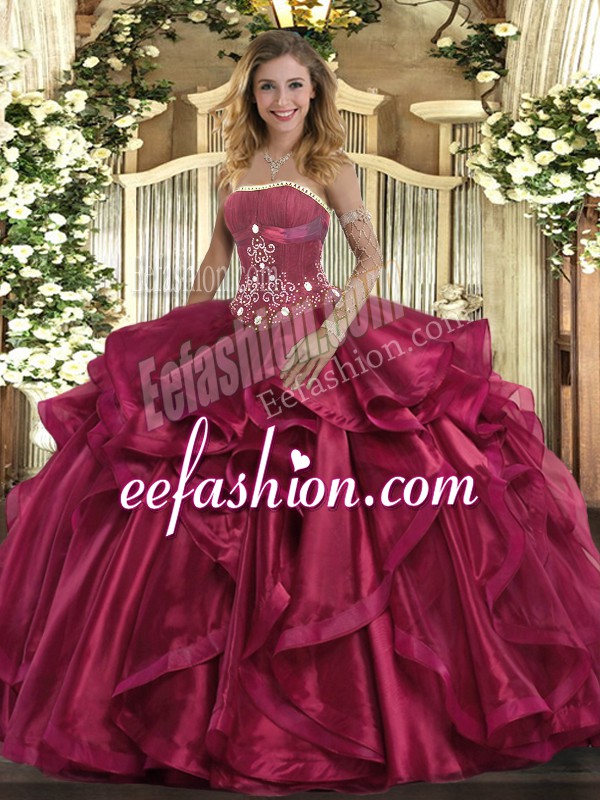  Red Strapless Lace Up Beading and Ruffles 15 Quinceanera Dress Sleeveless