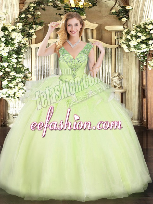 Excellent Yellow Green Ball Gowns Tulle V-neck Sleeveless Beading Floor Length Lace Up Quinceanera Gowns