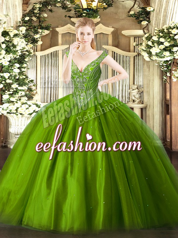 Nice Green Tulle Lace Up Sweet 16 Dress Sleeveless Floor Length Beading