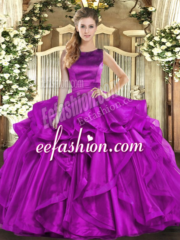New Arrival Sleeveless Floor Length Ruffles Lace Up Sweet 16 Dresses with Purple